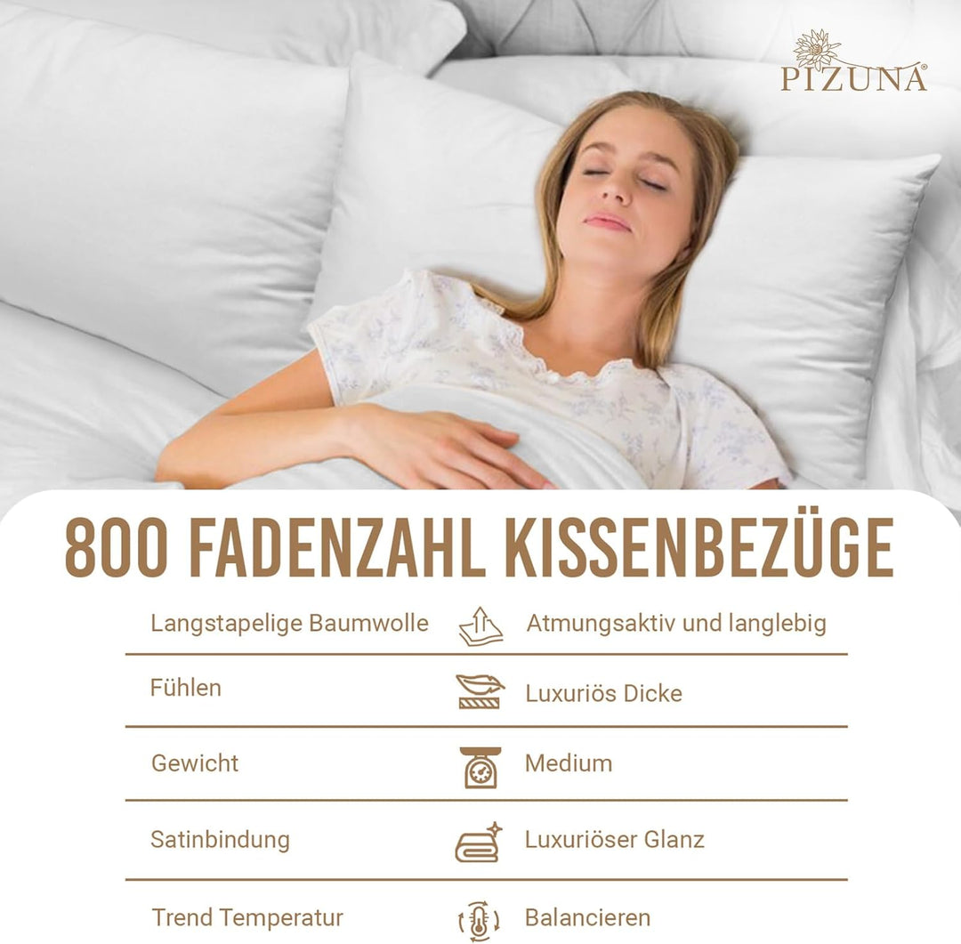 Pizuna Luxuriöser Soft-Satin 2er Pack Kissenbezug 40 x 80 cm Weiss, 800 Fadenzahl Baumwolle Quadrati
