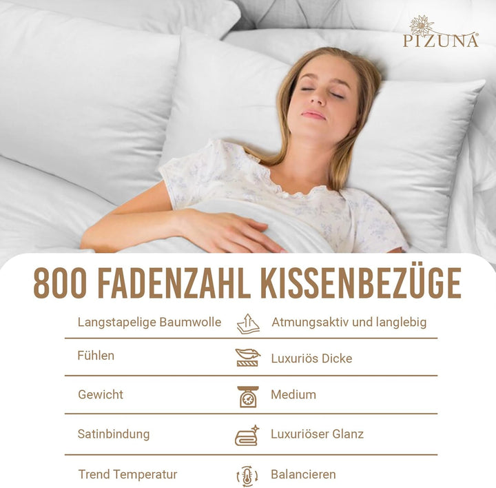 Pizuna Luxuriöser Soft-Satin 2er Pack Kissenbezug 40 x 80 cm Weiss, 800 Fadenzahl Baumwolle Quadrati
