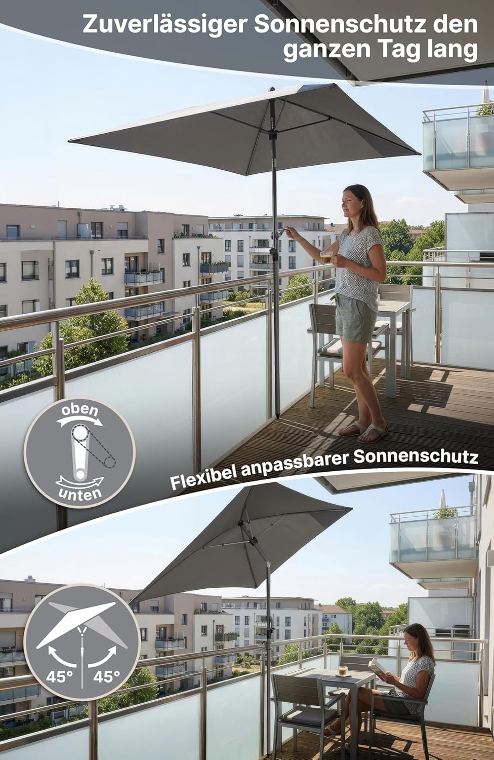 4smile Sonnenschirm Balkon mit Kurbel, Sonnenschirm rechteckig 200x125 cm, Balkonschirm mit UV 50+,