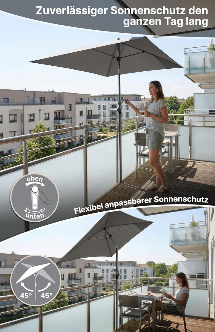 4smile Sonnenschirm Balkon mit Kurbel, Sonnenschirm rechteckig 200x125 cm, Balkonschirm mit UV 50+,