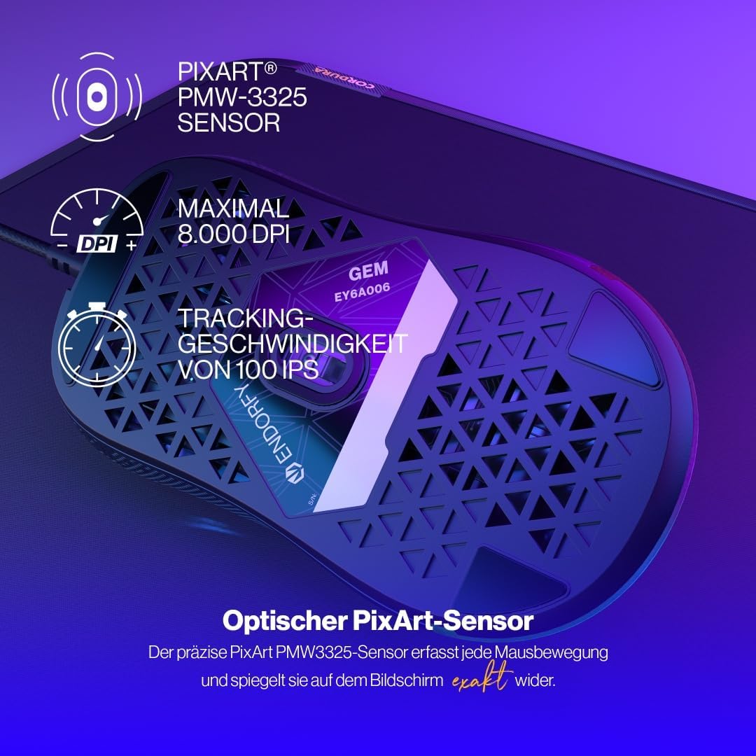 ENDORFY GEM, Leichte Gaming-Maus, Leichte Gaming-Maus (67 g), PixArt PMW3325 Sensor, 8000 DPI, Kailh