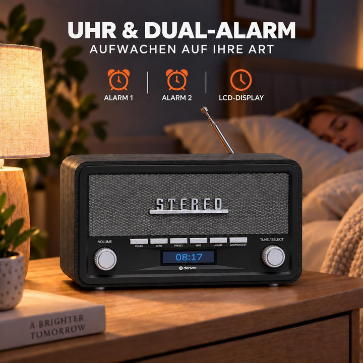 Denver DAB Radio DAB18, Radio mit Bluetooth, Retro Radio aus Holz, FM Radio, DAB, DAB+, AUX, Batteri