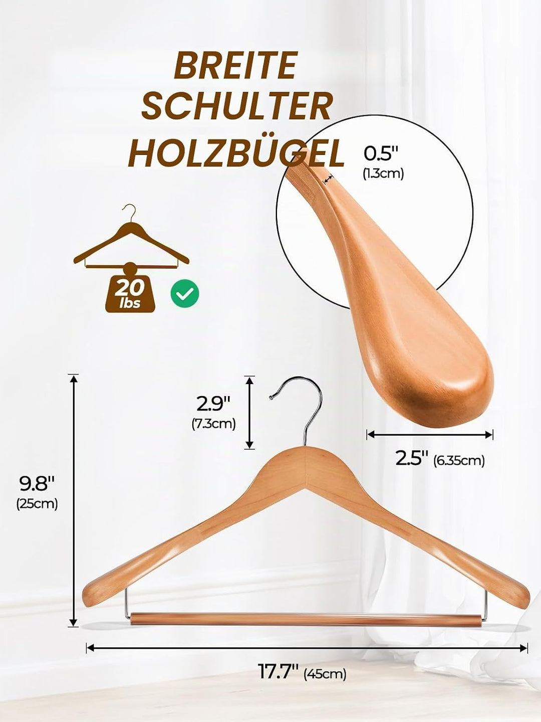 HOUSEDAY Kleiderbügel Holz 6 Stück, Holzbügel Breite Schulterauflage, 360°Drehbarer Haken rutschfest