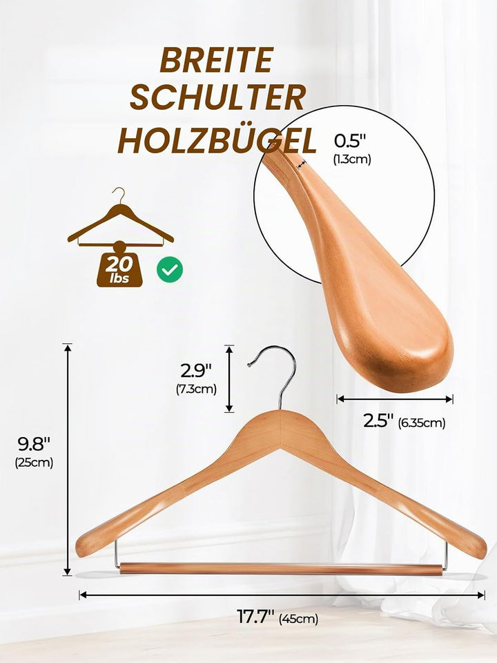 HOUSEDAY Kleiderbügel Holz 6 Stück, Holzbügel Breite Schulterauflage, 360°Drehbarer Haken rutschfest