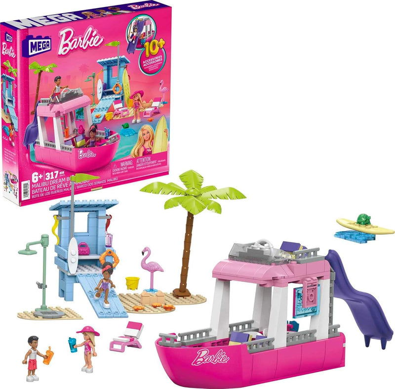 BARBIE Malibu Traumboot - Bauset mit 317 Teilen, inkl. 3 Barbie-Puppen, 2 Haustiere, Mode- & Strandz