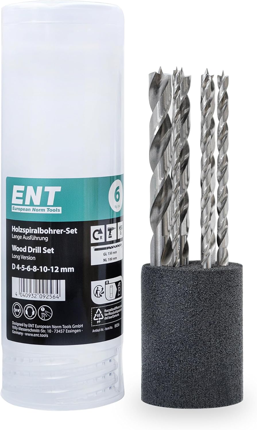 ENT 09256 6-tlg. Holzbohrer-Set HSS-G, Ø 4-12 mm, Nutzlänge 100 mm, Gesamtlänge 150 mm 6-tlg. Set Ø