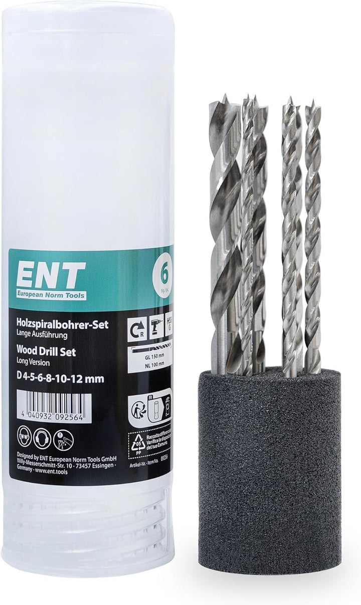 ENT 09256 6-tlg. Holzbohrer-Set HSS-G, Ø 4-12 mm, Nutzlänge 100 mm, Gesamtlänge 150 mm 6-tlg. Set Ø