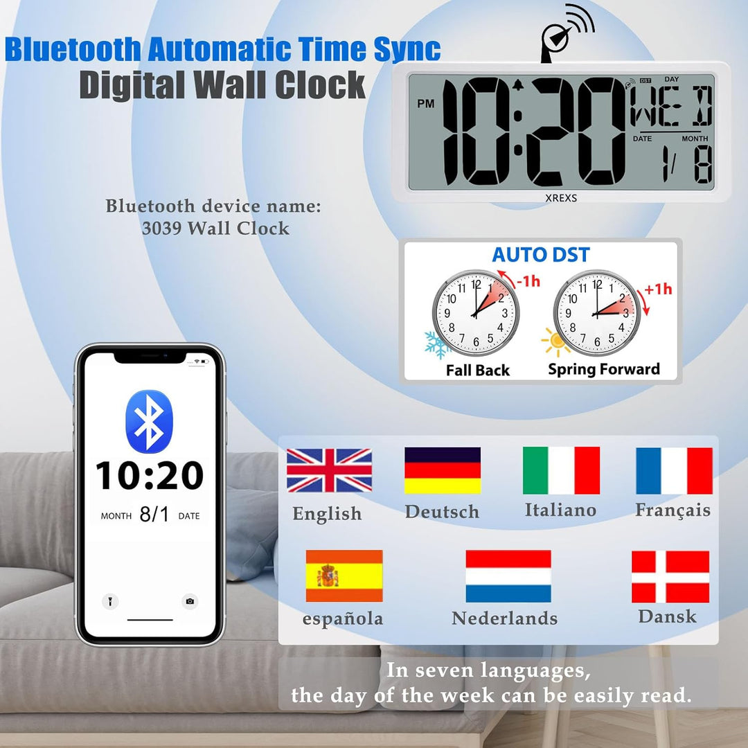XREXS 13,4'' Digitale Wanduhr, automatische Zeitkalibrierung, batteriebetrieben, HD-Display, mit Kal