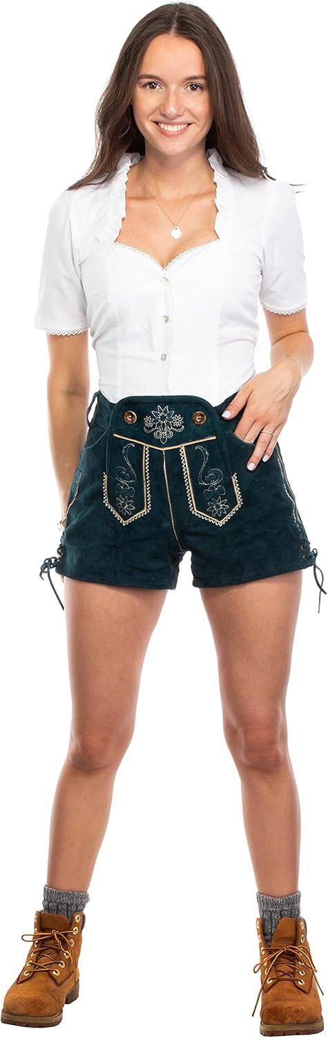 Brandsseller Trachten Lederhose Damen Kurz Hellbraun Türkis – Gr. 36 38 40 42 44 –Oktoberfest 40 Tür