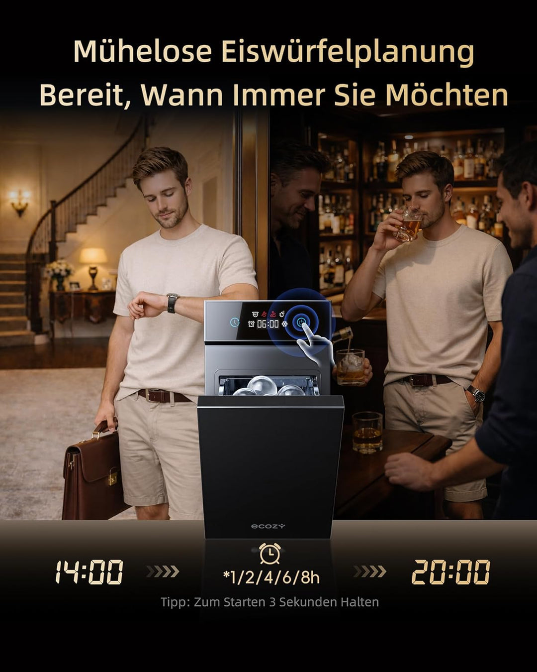 ecozy 60mm Klare Eiswürfelmaschine für Eiskugeln, 8h Timer, LED-Touchdisplay, Kugel-Eis in 40 Minute