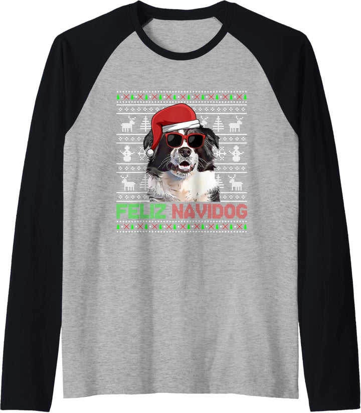 Border Collie Hund Feliz Navidog Lustig Weihnachten Raglan