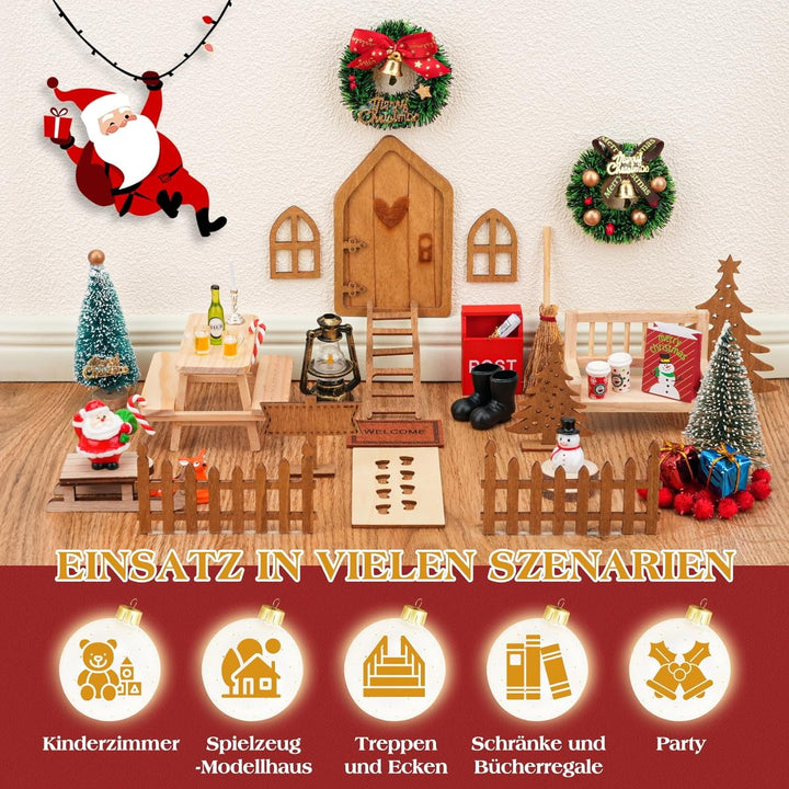 68 Stück Wichteltür Set Weihnachten – Wichtel Set mit Zubehör DIY Deko Komplettset aus Holz & Kunsts