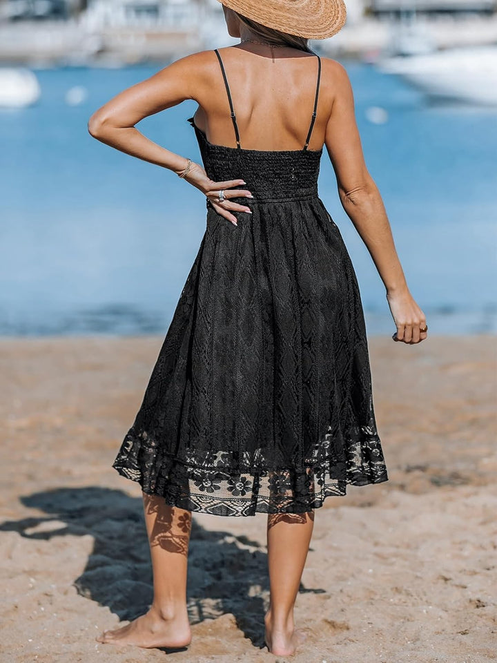 CUPSHE Damen Sommerkleid V Ausschnitt Floral Spitze Quasten Spaghetti Trägerkleid Freizeitkleider Bo
