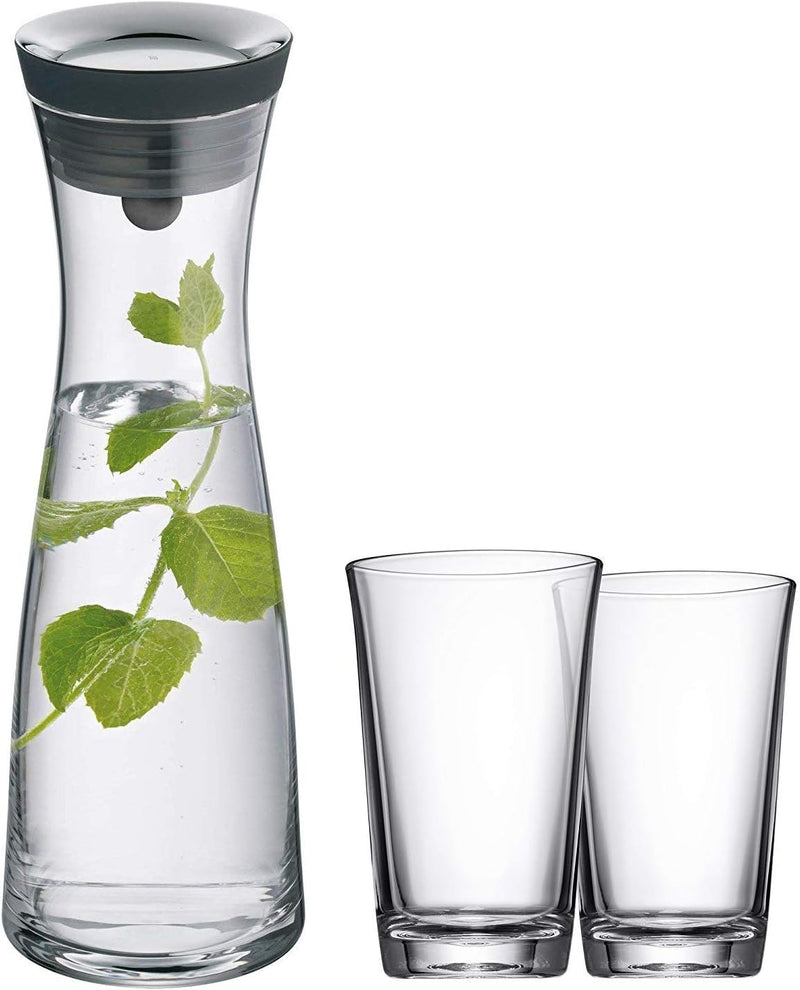 WMF Basic Wasserkaraffe Set 3-teilig, Karaffe 1l mit 2 Wassergläser 250ml, Glaskaraffe mit Deckel, S