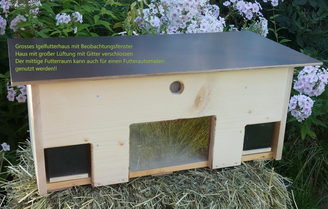 Igelfutterhaus mit Beobachtungsfenster 80cm x 40cm x 32cm Igelhotel 18mm Vollholz Witterungsbeständi