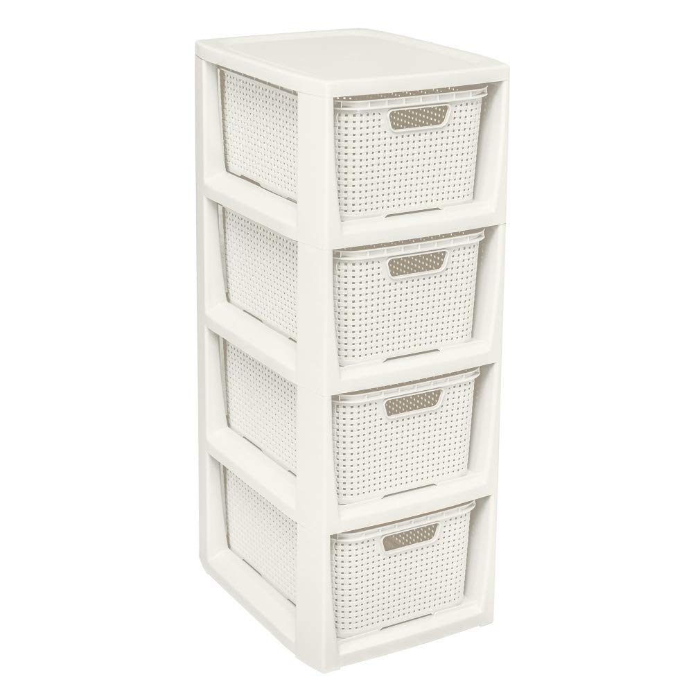 BranQ - Home essential Regal in Rattan Design, Kunststoff PP, Creme, 29,5 x 24 x 64,2 cm 4 Körben Cr