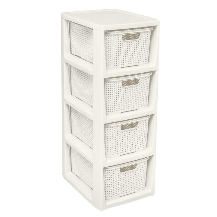BranQ - Home essential Regal in Rattan Design, Kunststoff PP, Creme, 29,5 x 24 x 64,2 cm 4 Körben Cr