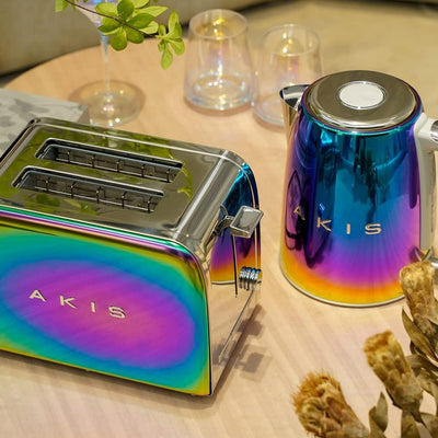 AKIS La Fête Design Toaster und Wasserkocher Set aus Edelstahl in Regenbogen bunter Farbe Modern, To