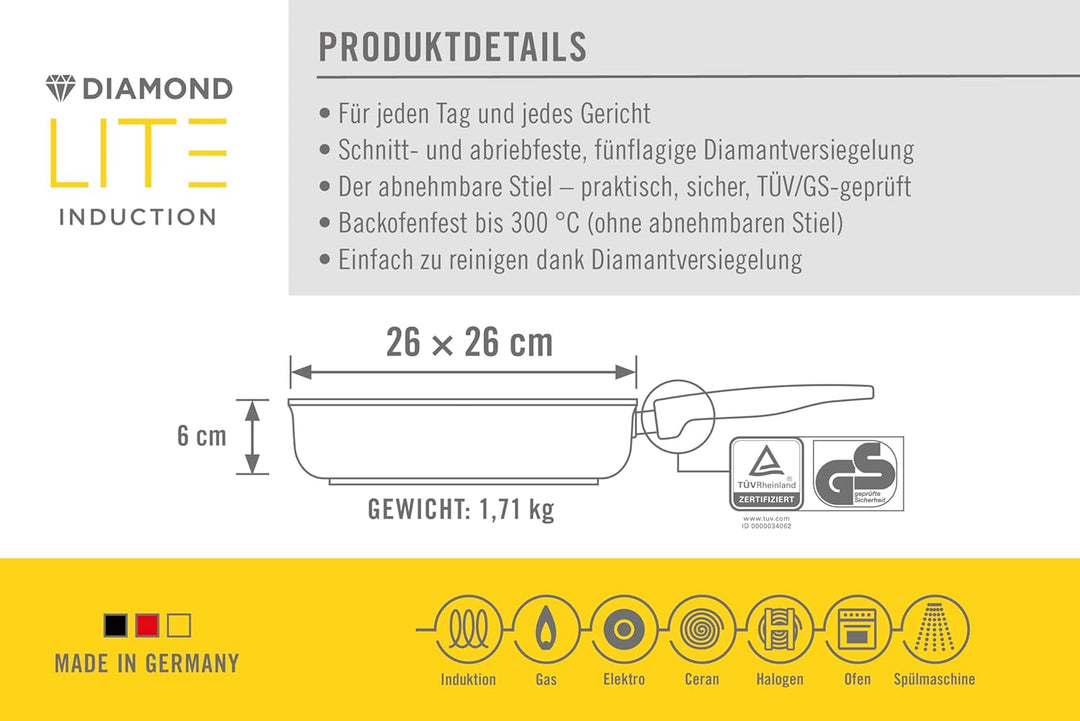 Woll Diamond Lite Viereckpfanne - Induktiv -, 26x26 cm, 6 cm hoch, mit abnehmbarem Stiel - Geeignet