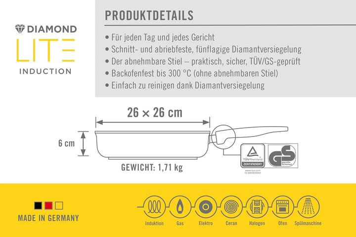 Woll Diamond Lite Viereckpfanne - Induktiv -, 26x26 cm, 6 cm hoch, mit abnehmbarem Stiel - Geeignet