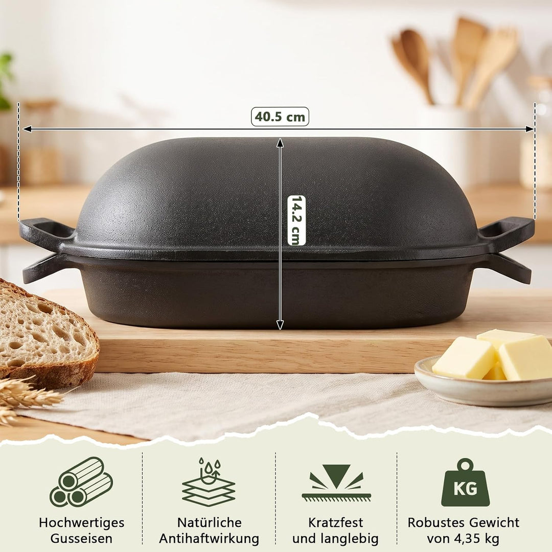 Gusseisen Topf Brot Backen 40cm, Robuste Brotbackform mit Deckel, Gusseisentopf Brotform, Idealer Br
