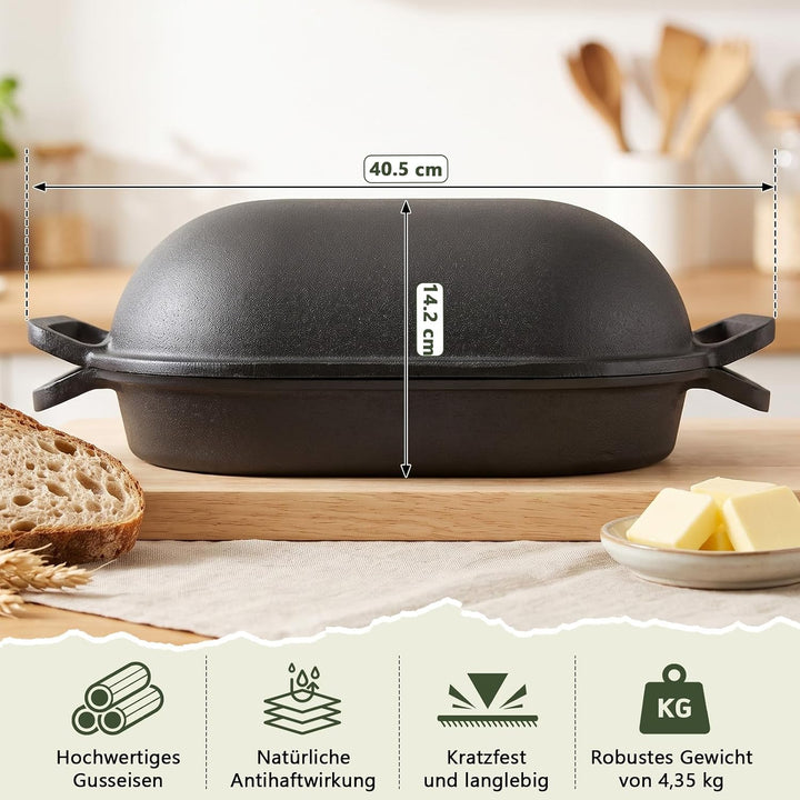 Gusseisen Topf Brot Backen 40cm, Robuste Brotbackform mit Deckel, Gusseisentopf Brotform, Idealer Br