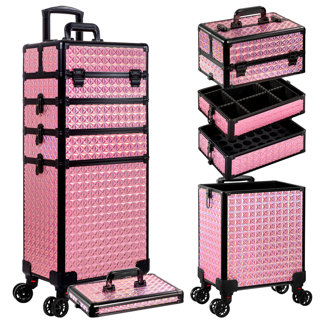 Arous 5-in-1 Profi-Kosmetikkoffer, Aluminium, mit 360° drehbaren Rädern Rosa, Rosa