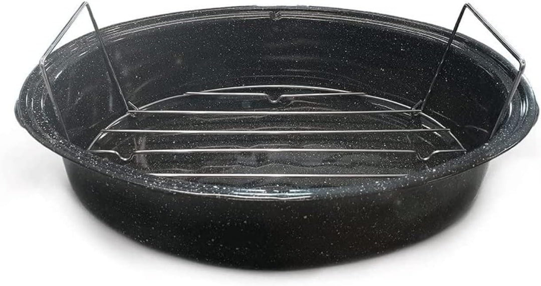 Graniteware 0508 + 2006 Ovaler Bräter aus Carbon-Stahl, 38 x 26 cm + Gitter-Röster