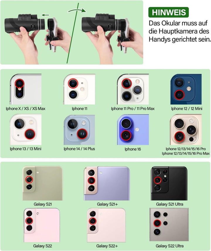 Monokular 80x100 Zoom, Monokulare Teleskop Fernrohr mit Smartphone-Halterung und Stretchable Stativ,