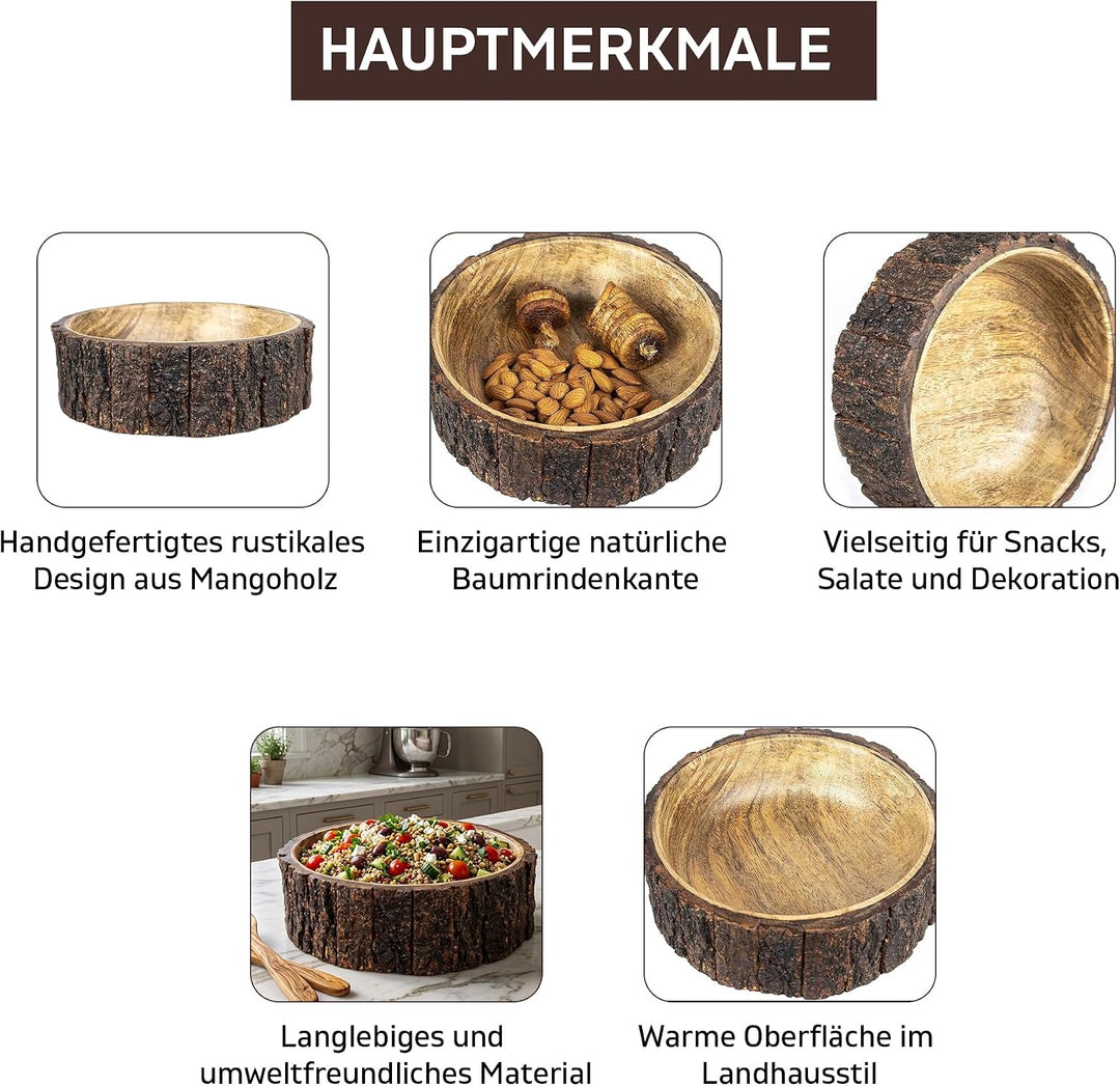 GoCraft Dekorative Schale aus Mangoholz mit Baumrinde, mittelgross, 19,1 cm Durchmesser x 7 cm Höhe,