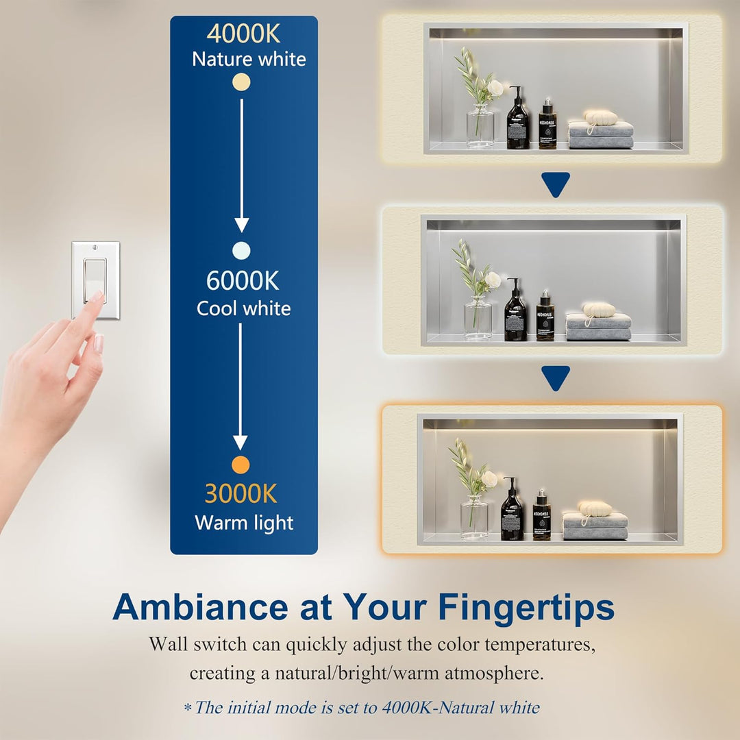 Neohomee Wandnische Dusche Edelstahl mit LED-Licht, Eingebettete Duschnische 60x30cm mit 3 Farben fü