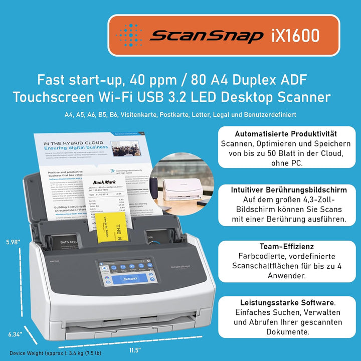 ScanSnap iX1600 Desktop Dokumentenscanner Weiss - Duplex, ADF, A4, WLAN, Touchscreen, USB 3.2