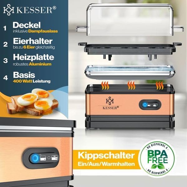 KESSER® Eierkocher für 1 bis 6 Eier elektrisch aus Edelstahl 400W & Warmhaltefunktion | Kipp-Funktio