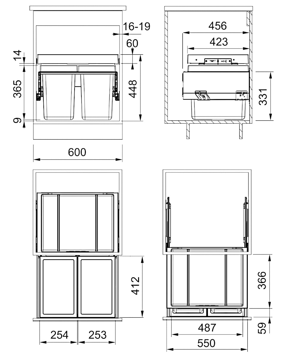 Franke FX60 Einbau Abfalleimer 2 fächer für die Küche Mülleimer mit Deckel 2x 26 Liter