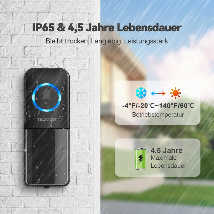 TECKNET Funkklingel, Funkklingel aussen wasserdicht IP65, kabellose türklingel 400m, Klingel Funk mi