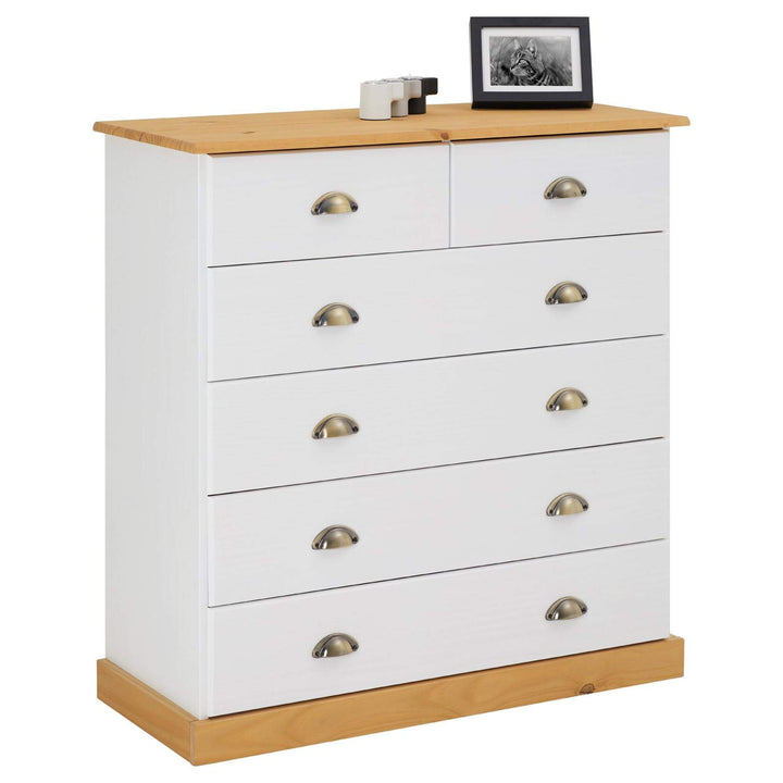 IDIMEX Schubladenschrank Paris aus Kiefer massiv in weiss/braun, Kommode mit Muschelgriffe, Apotheke