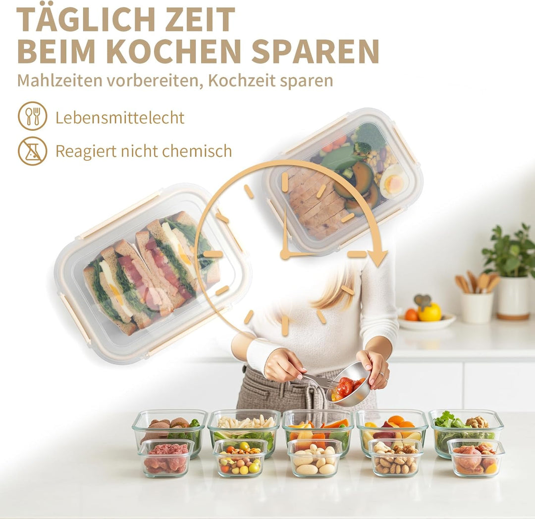 Glasbehälter mit deckel,Frischhaltedosen Set, 20 Teile (10 Behälter, 10 Deckel), Spülmaschinenfest,
