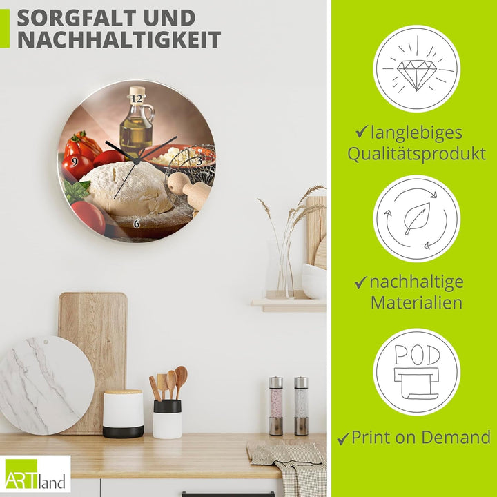 ARTLAND Wanduhr ohne Tickgeräusche Glas Funkuhr Ø 30 cm Rund Lautlos italienisches Essen mediterran