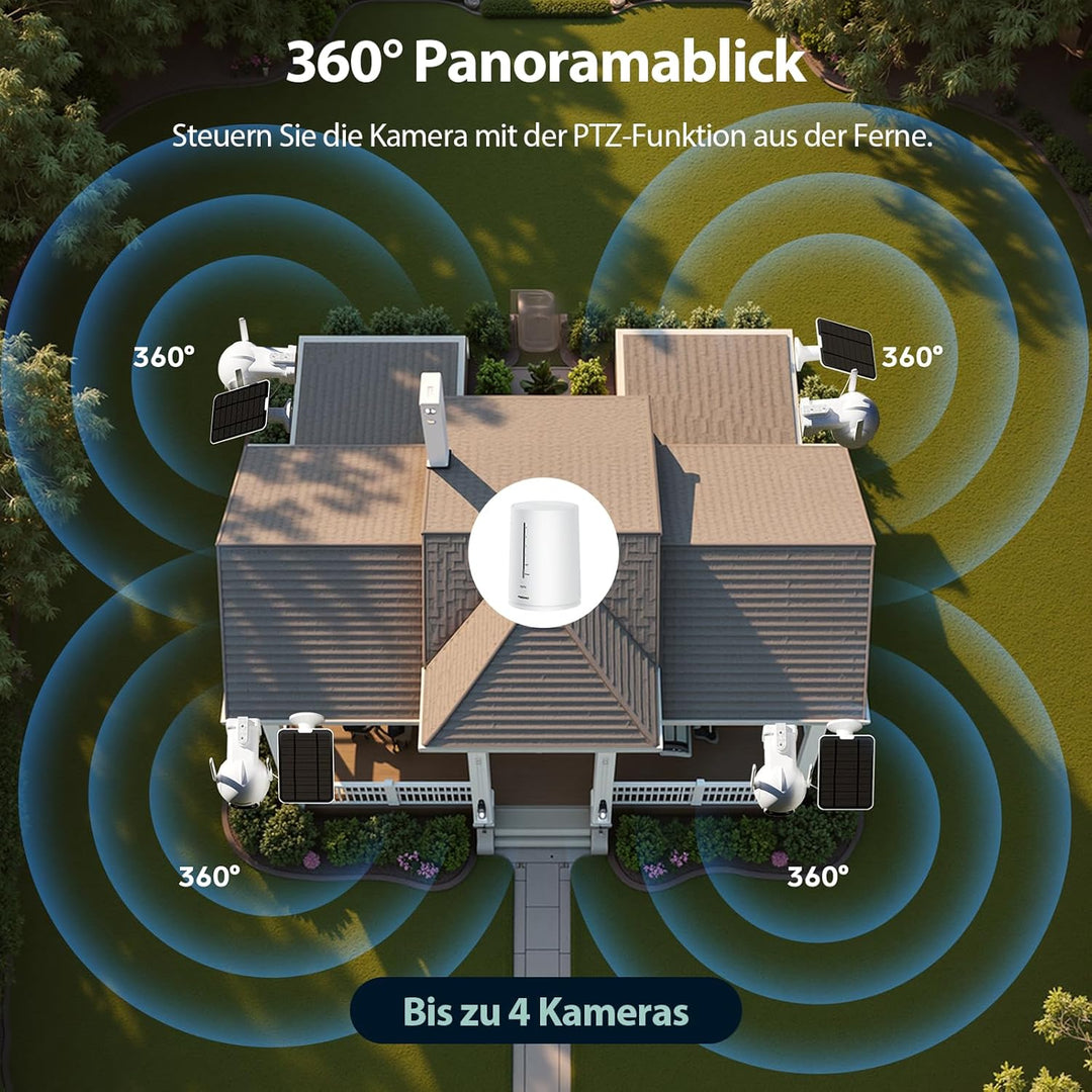 2K Überwachungskamera Aussen Solar WLAN, 2er-Kit mit Lagerbasis, Keine Gebühren, 360° Schwenken & Ne