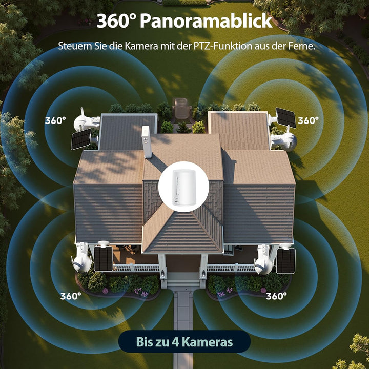 2K Überwachungskamera Aussen Solar WLAN, 2er-Kit mit Lagerbasis, Keine Gebühren, 360° Schwenken & Ne