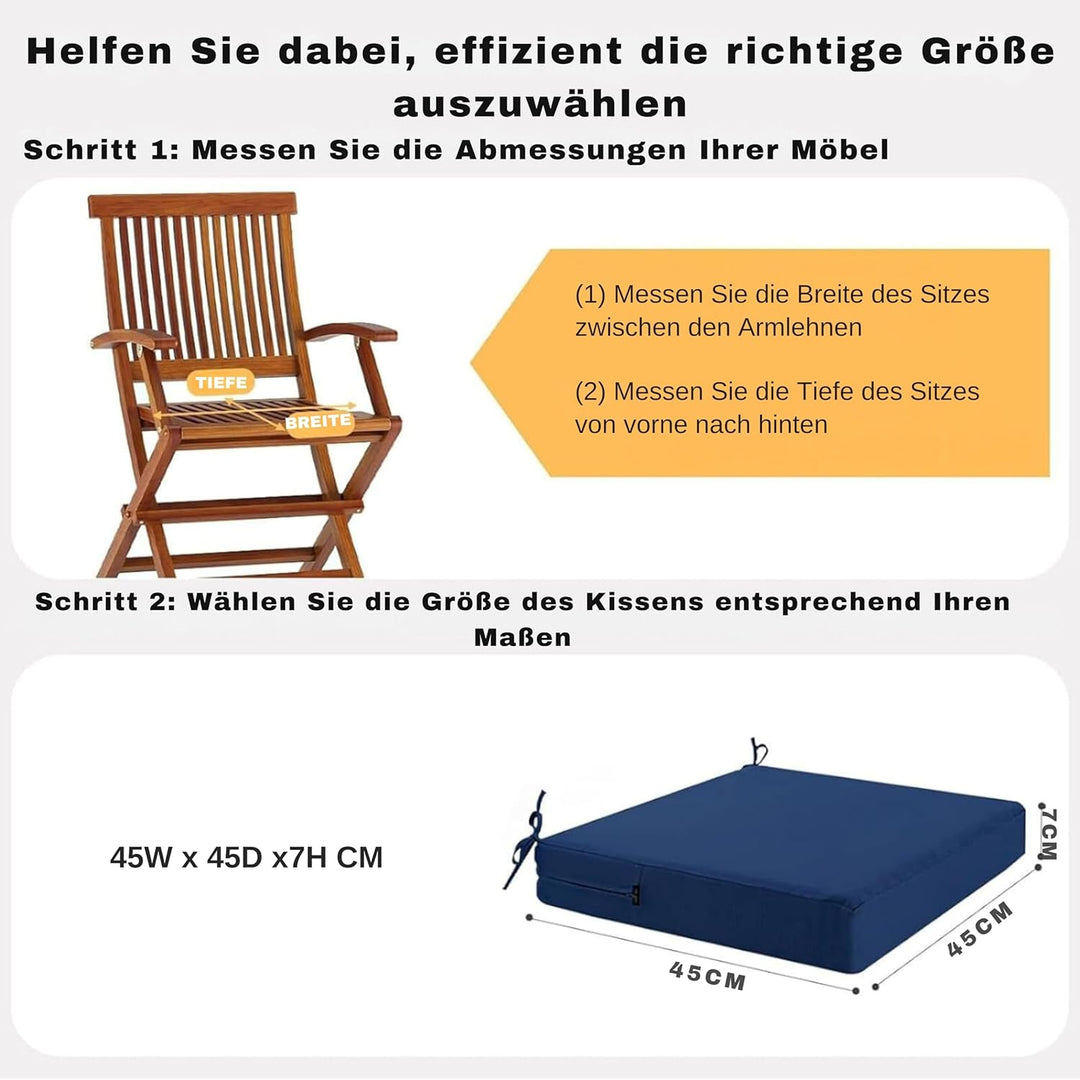 Outdoor Stuhlkissen 45x45, 2er Set mit Bändern, Navy | Wasserdichtes Sitzkissen mit Weicher Schaumst