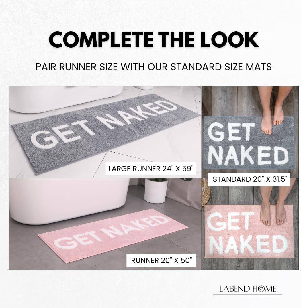 LABEND HOME Duschvorhang-Set mit Aufschrift Get Naked, lustiger Pfirsich-Badezimmerteppich, niedlich
