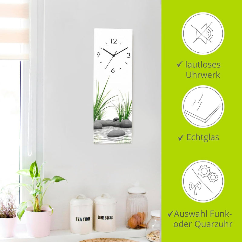 ARTLAND Wanduhr ohne Tickgeräusche Glas Funkuhr 20x60 cm Rechteckig Lautlos Natur Design Zen Spa Ste