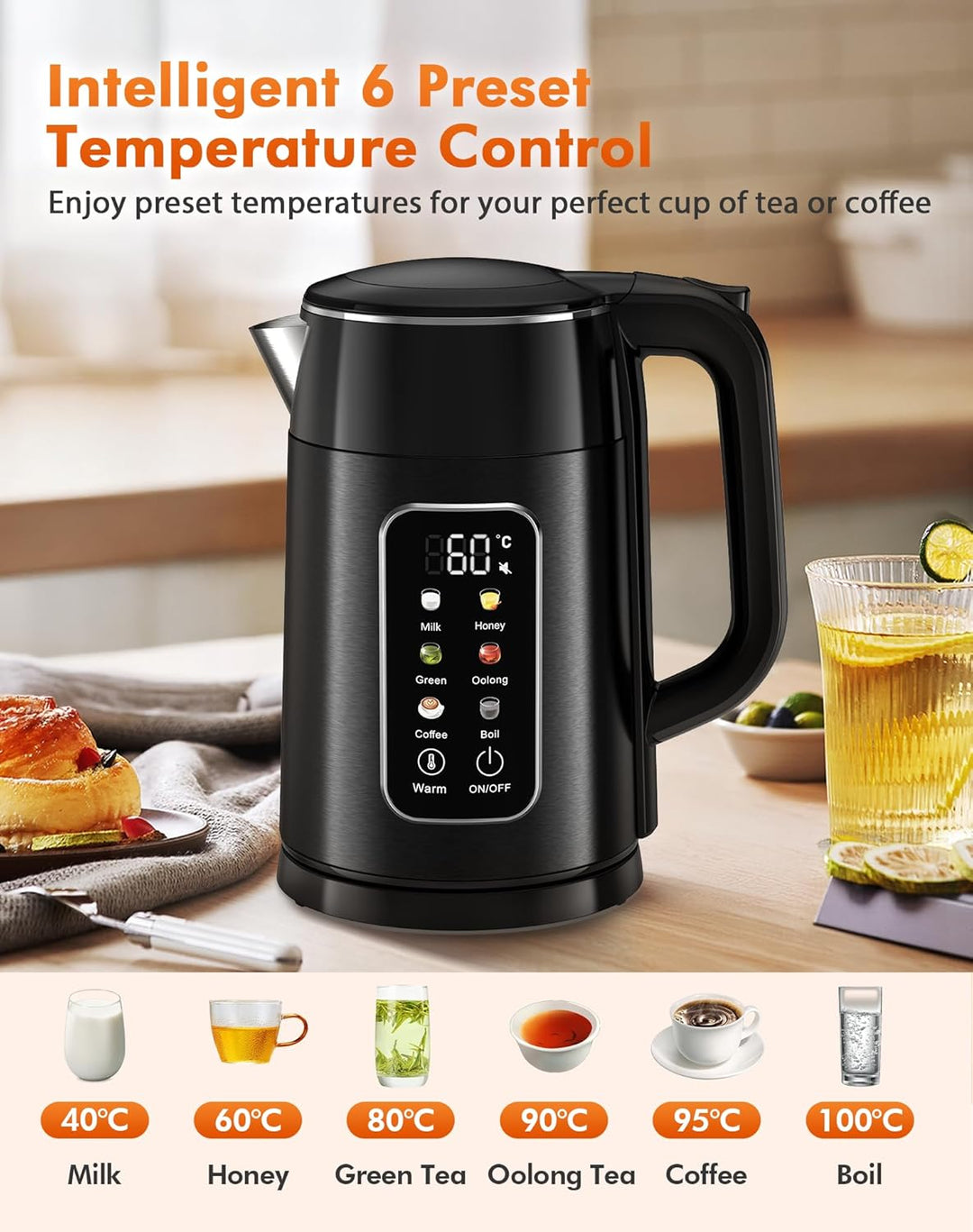 Wasserkocher mit Temperatureinstellung, 1,7L 2200W Elektrisch Edelstahl Wasserkocher mit 6 Temperatu