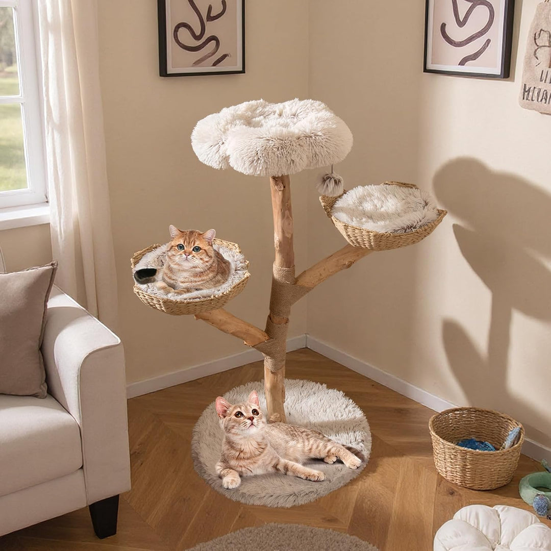 COSTWAY 122 cm Kratzbaum Holz, Katzenbaum mit Sitzfläche, 2 Körben aus Rattan, Kratzpfosten aus Jute