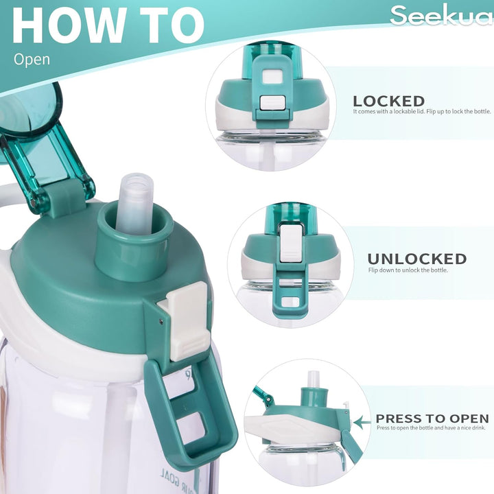 Seekua 0.6l Sport Trinkflasche Glas Flasche mit Strohhalm & Zeitmarkierung für Kinder, Schule 600ml