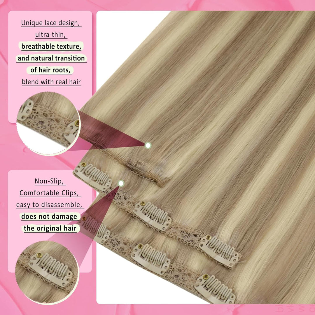 YoungSee Clip in Extensions Echthaar Blond Gesträhnt 40 cm 120g 7 Stück Extensions Echthaar Clip Gol