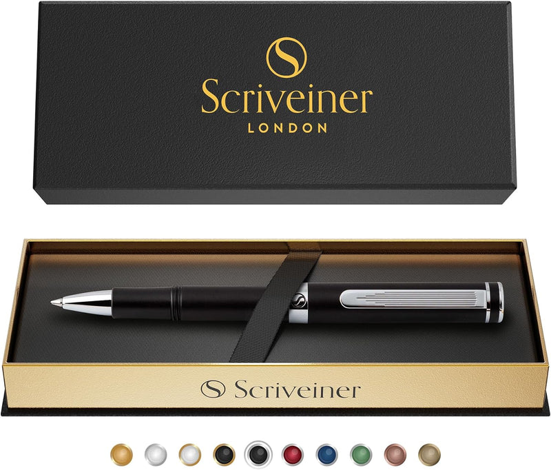 Scriveiner Schwarzer Kugelschreiber EDC Luxus Stift, Taschenkugelschreiber mit Chrom, Schönes Gesche