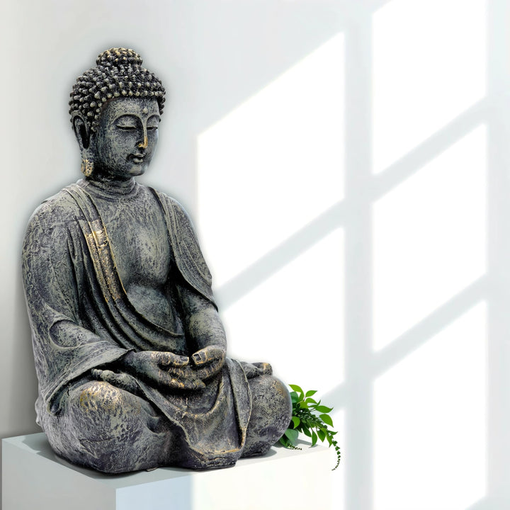 Buddha Figur Garten Gross 38cm - Sitzende Buddha Statue Wetterfest & Frostsicher aus Polyresin - Gar