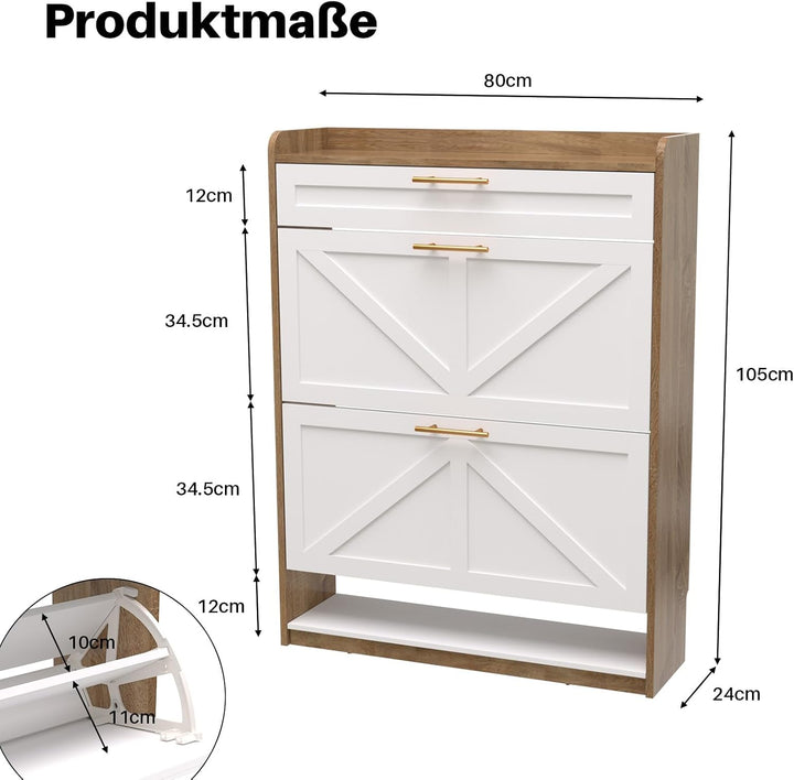Schuhschrank 2 Klappen, Schuhkipper, Schuhregal, Schuhaufbewahrung, mit 1 schubladen, Trennwand vers